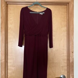 LOFT Long Sleeve V-Neck Wrap-Style Dress in Deep Wine
